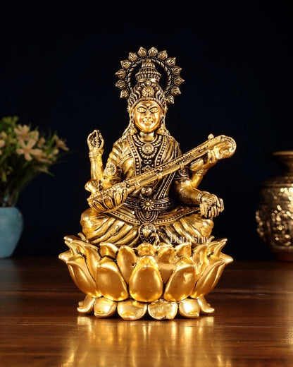 Superfine Brass Ganesh Lakshmi Saraswati Set | 6" (15.24 cm) Lotus Idols – Gold Finish - Budhshiv.com
