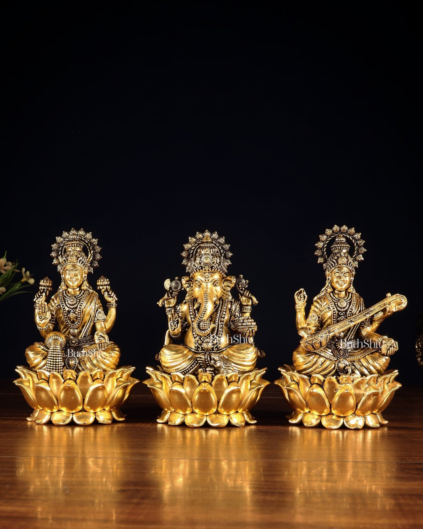 Superfine Brass Ganesh Lakshmi Saraswati Set | 6" (15.24 cm) Lotus Idols – Gold Finish - Budhshiv.com