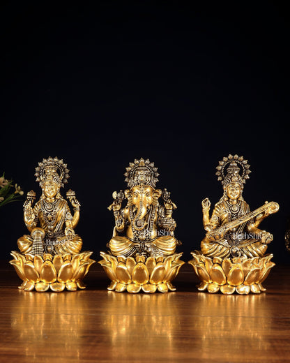 Superfine Brass Ganesh Lakshmi Saraswati Set | 6" (15.24 cm) Lotus Idols – Gold Finish - Budhshiv.com