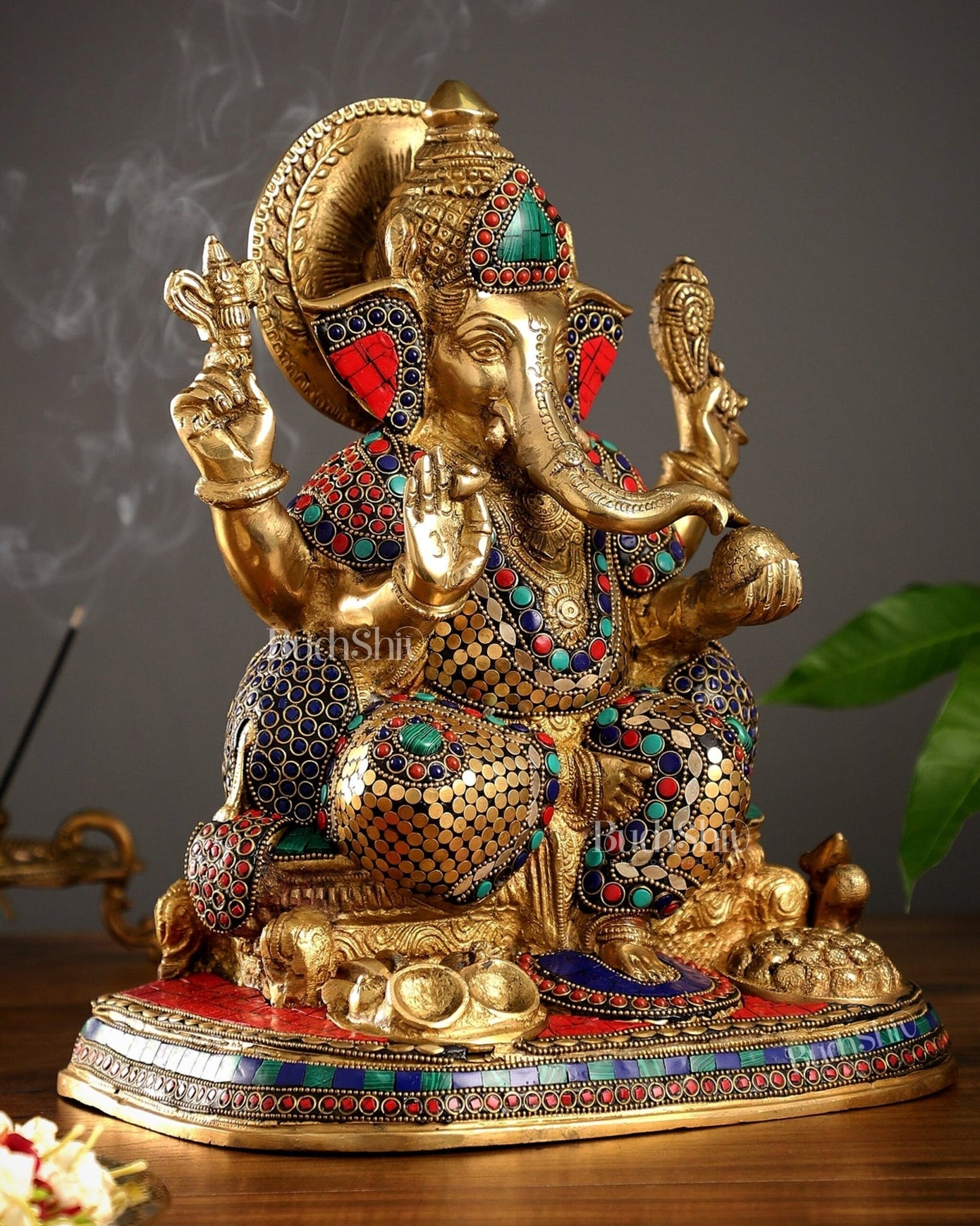 Superfine Brass Ganesha Idol with Spectacular Stonework - 13 Inch - Budhshiv.com