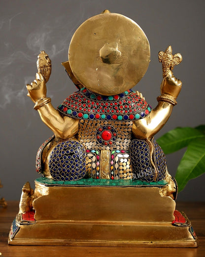 Superfine Brass Ganesha Idol with Spectacular Stonework - 13 Inch - Budhshiv.com