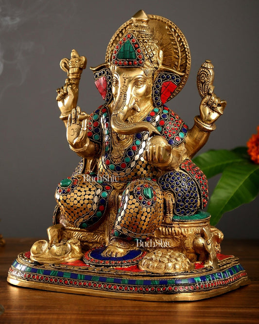 Superfine Brass Ganesha Idol with Spectacular Stonework - 13 Inch - Budhshiv.com
