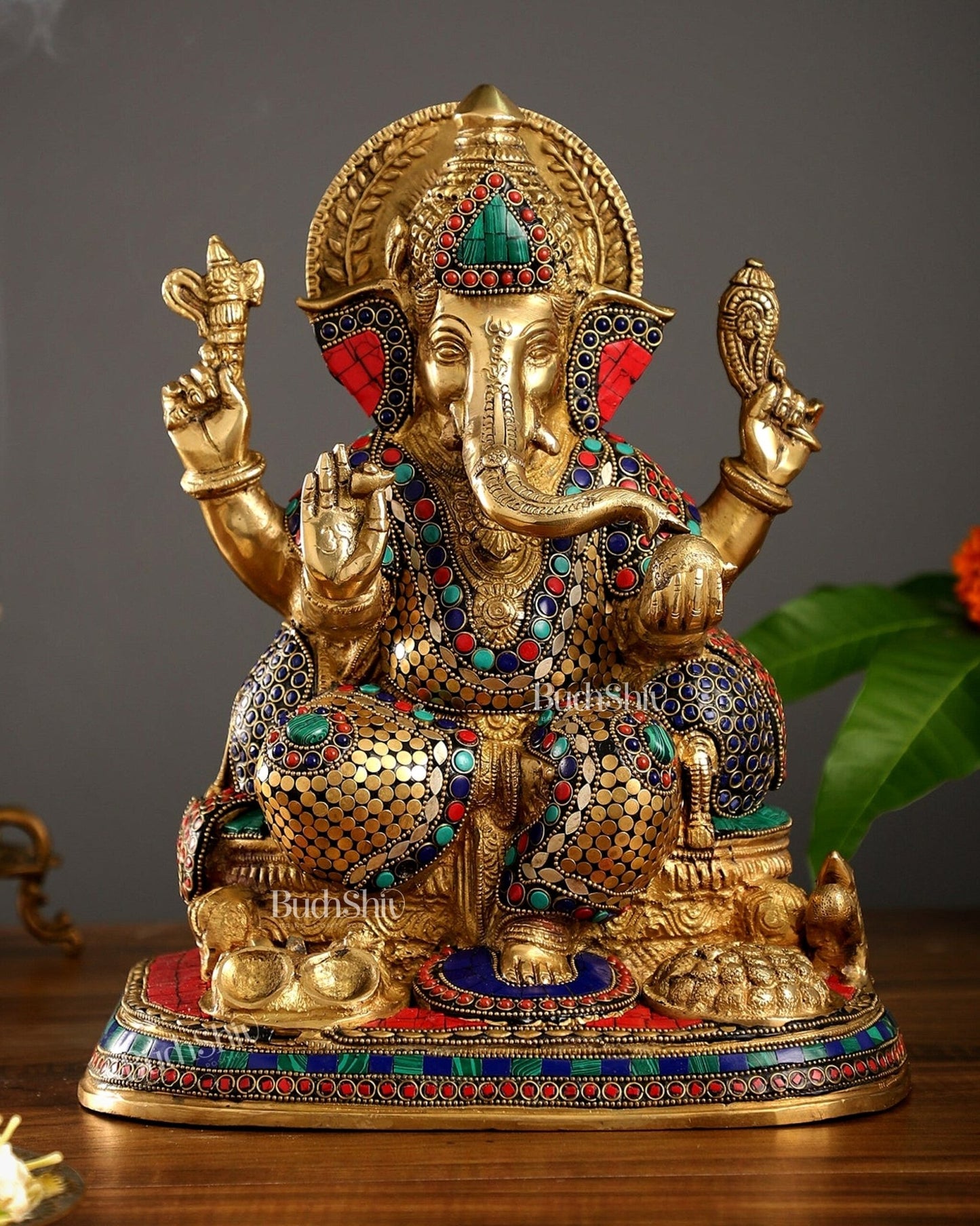 Superfine Brass Ganesha Idol with Spectacular Stonework - 13 Inch - Budhshiv.com