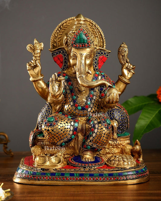 Superfine Brass Ganesha Idol with Spectacular Stonework - 13 Inch - Budhshiv.com