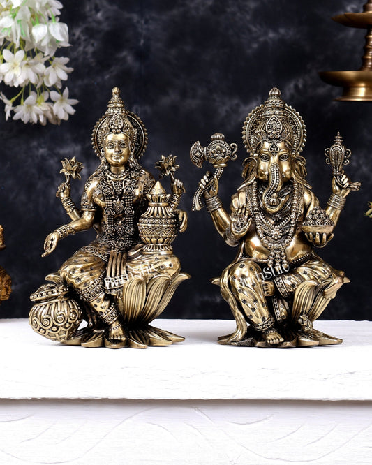 Superfine Brass Ganesha Lakshmi Idol on lotus Set – 10 Inch - Budhshiv.com