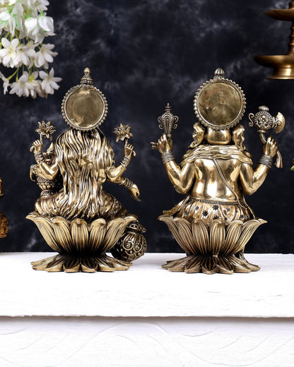 Superfine Brass Ganesha Lakshmi Idol on lotus Set – 10 Inch - Budhshiv.com