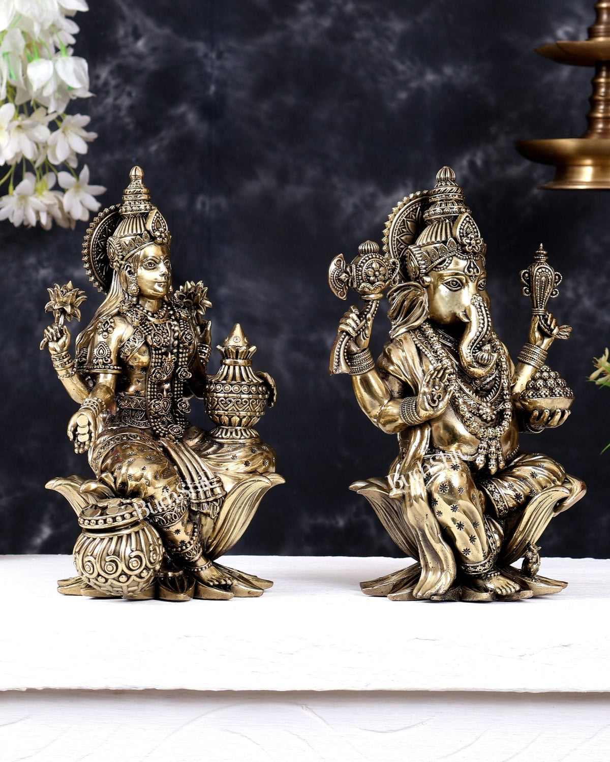 Superfine Brass Ganesha Lakshmi Idol on lotus Set – 10 Inch - Budhshiv.com