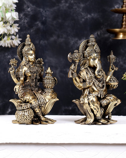 Superfine Brass Ganesha Lakshmi Idol on lotus Set – 10 Inch - Budhshiv.com