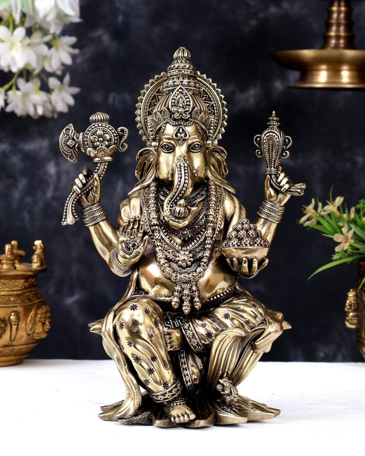 Superfine Brass Ganesha Lakshmi Idol on lotus Set – 10 Inch - Budhshiv.com