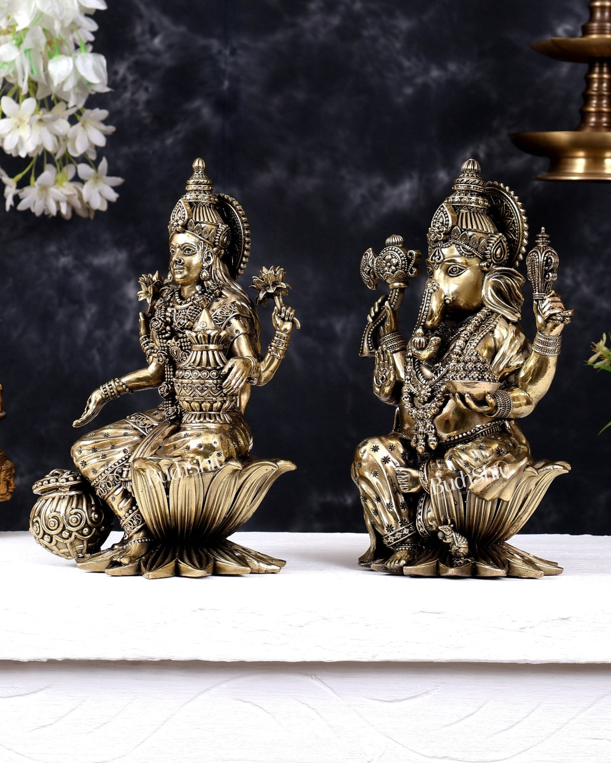 Superfine Brass Ganesha Lakshmi Idol on lotus Set – 10 Inch - Budhshiv.com