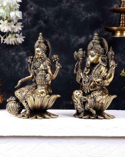 Superfine Brass Ganesha Lakshmi Idol on lotus Set – 10 Inch - Budhshiv.com