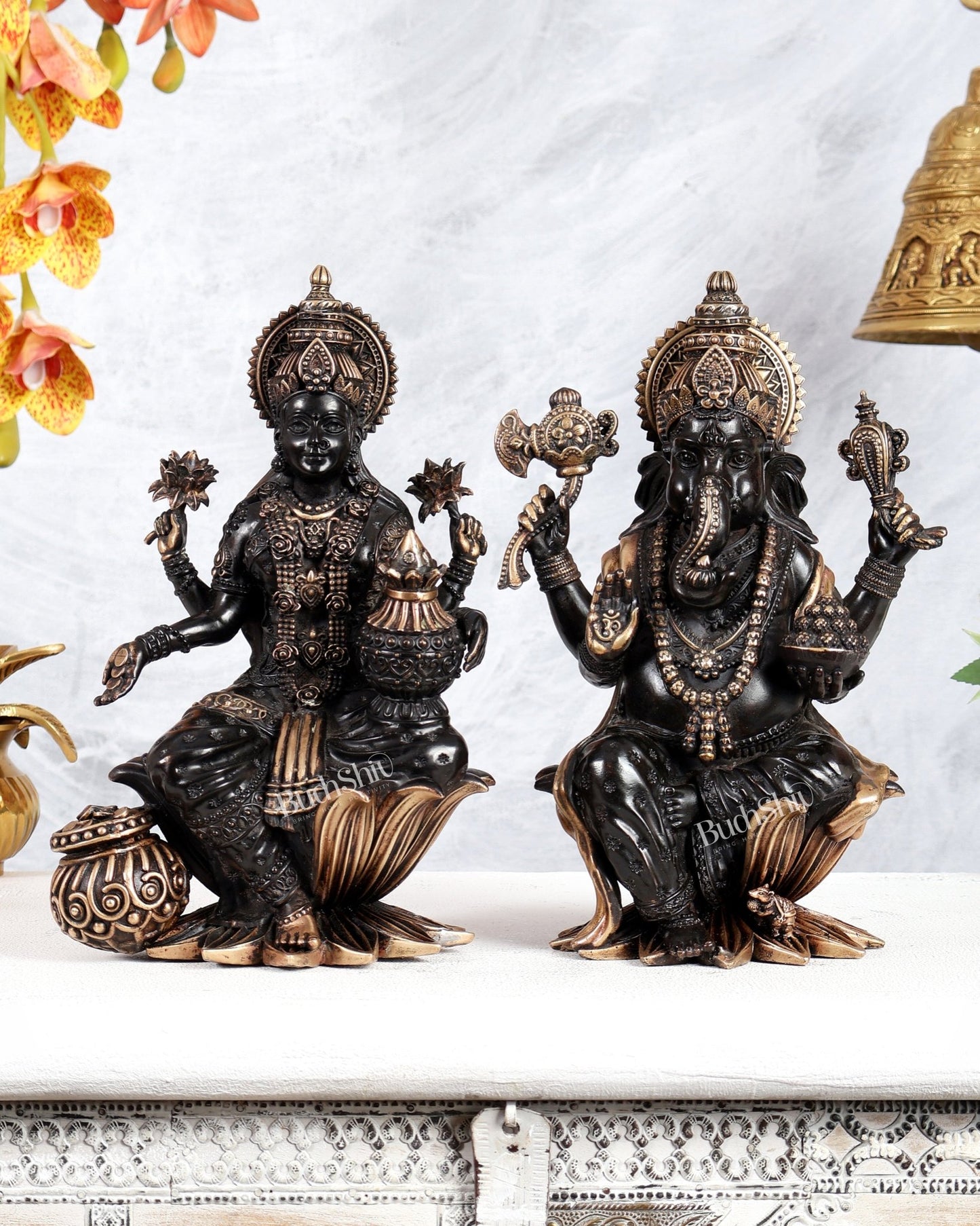 Superfine Brass Ganesha Lakshmi Idol Set – 10 Inch black finish - Budhshiv.com