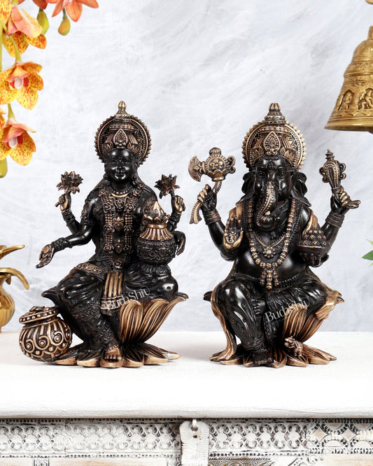 Superfine Brass Ganesha Lakshmi Idol Set – 10 Inch black finish - Budhshiv.com