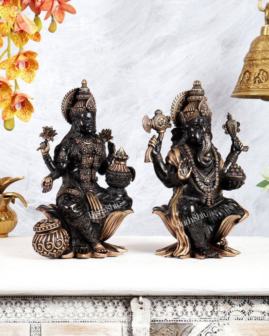 Superfine Brass Ganesha Lakshmi Idol Set – 10 Inch black finish - Budhshiv.com