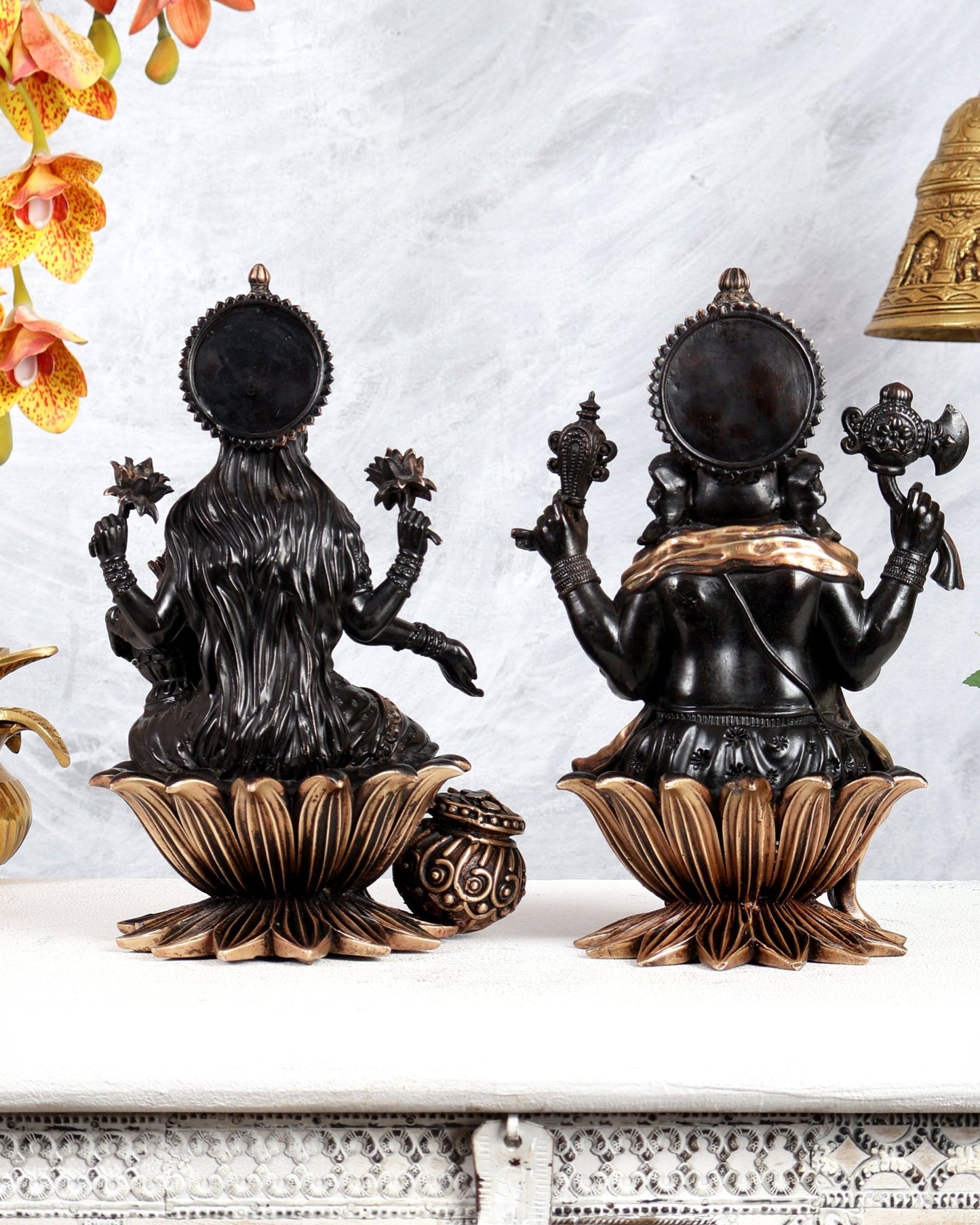 Superfine Brass Ganesha Lakshmi Idol Set – 10 Inch black finish - Budhshiv.com