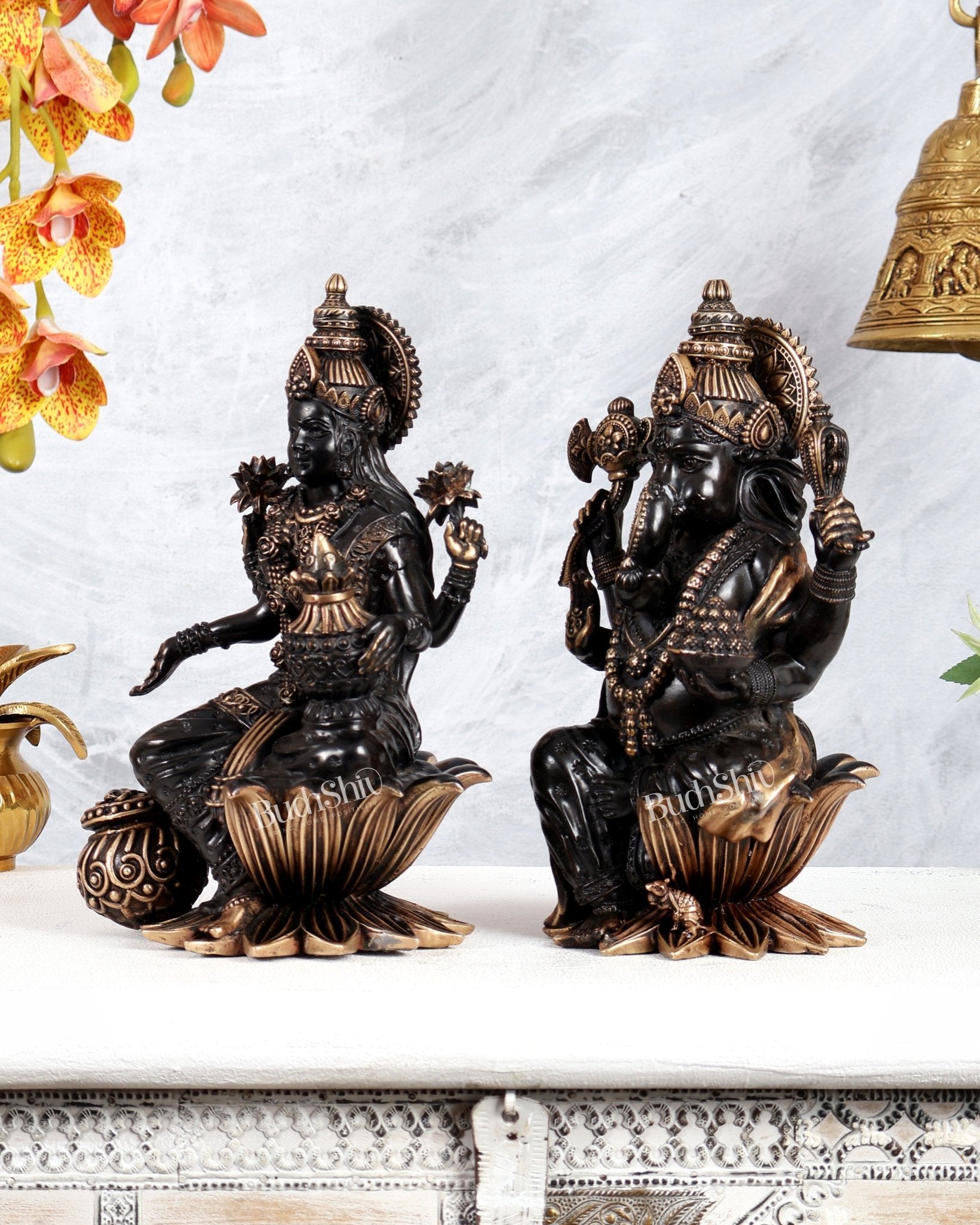 Superfine Brass Ganesha Lakshmi Idol Set – 10 Inch black finish - Budhshiv.com