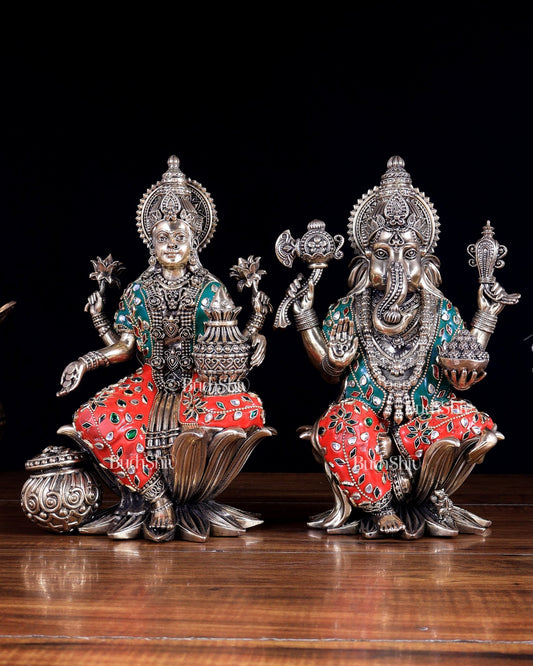 Superfine Brass Ganesha Lakshmi Idol Set – 10 Inch meenakari work - Budhshiv.com