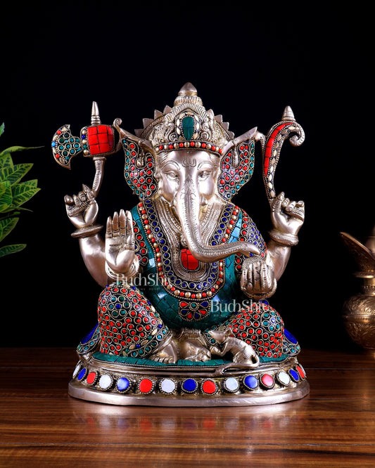 Superfine Brass Ganesha Statue - 12" with stonework - Budhshiv.com