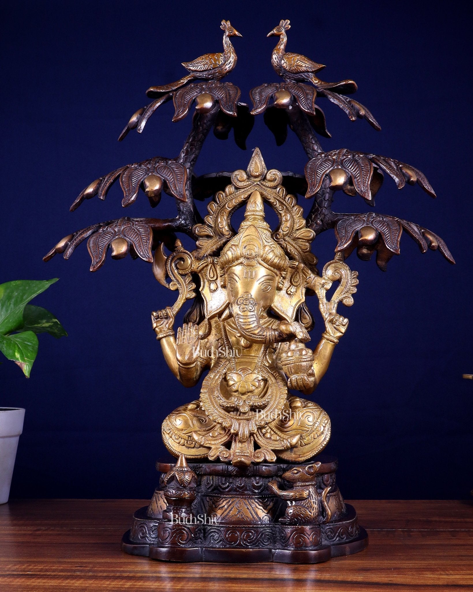 Superfine Brass Ganesha Statue Under Mango Tree | Height 17 inch - Budhshiv.com