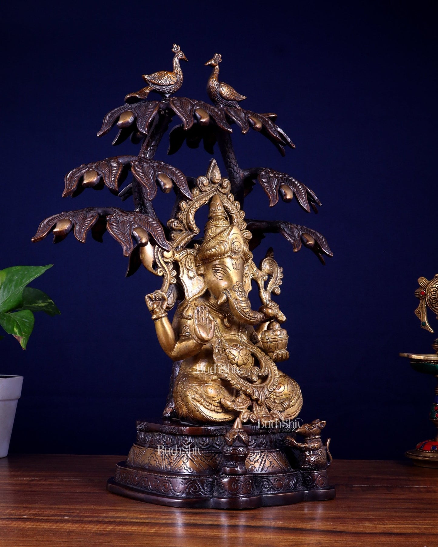 Superfine Brass Ganesha Statue Under Mango Tree | Height 17 inch - Budhshiv.com