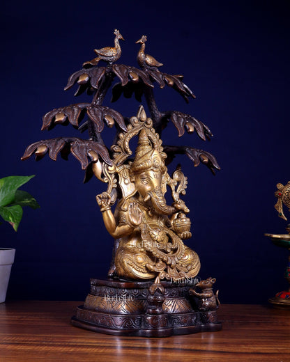 Superfine Brass Ganesha Statue Under Mango Tree | Height 17 inch - Budhshiv.com