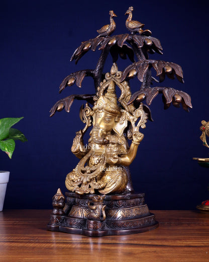 Superfine Brass Ganesha Statue Under Mango Tree | Height 17 inch - Budhshiv.com