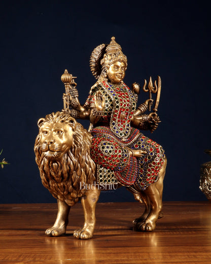 Superfine Brass Goddess Durga Sherawali Mata Idol 12" with jewellers meenakari - Budhshiv.com