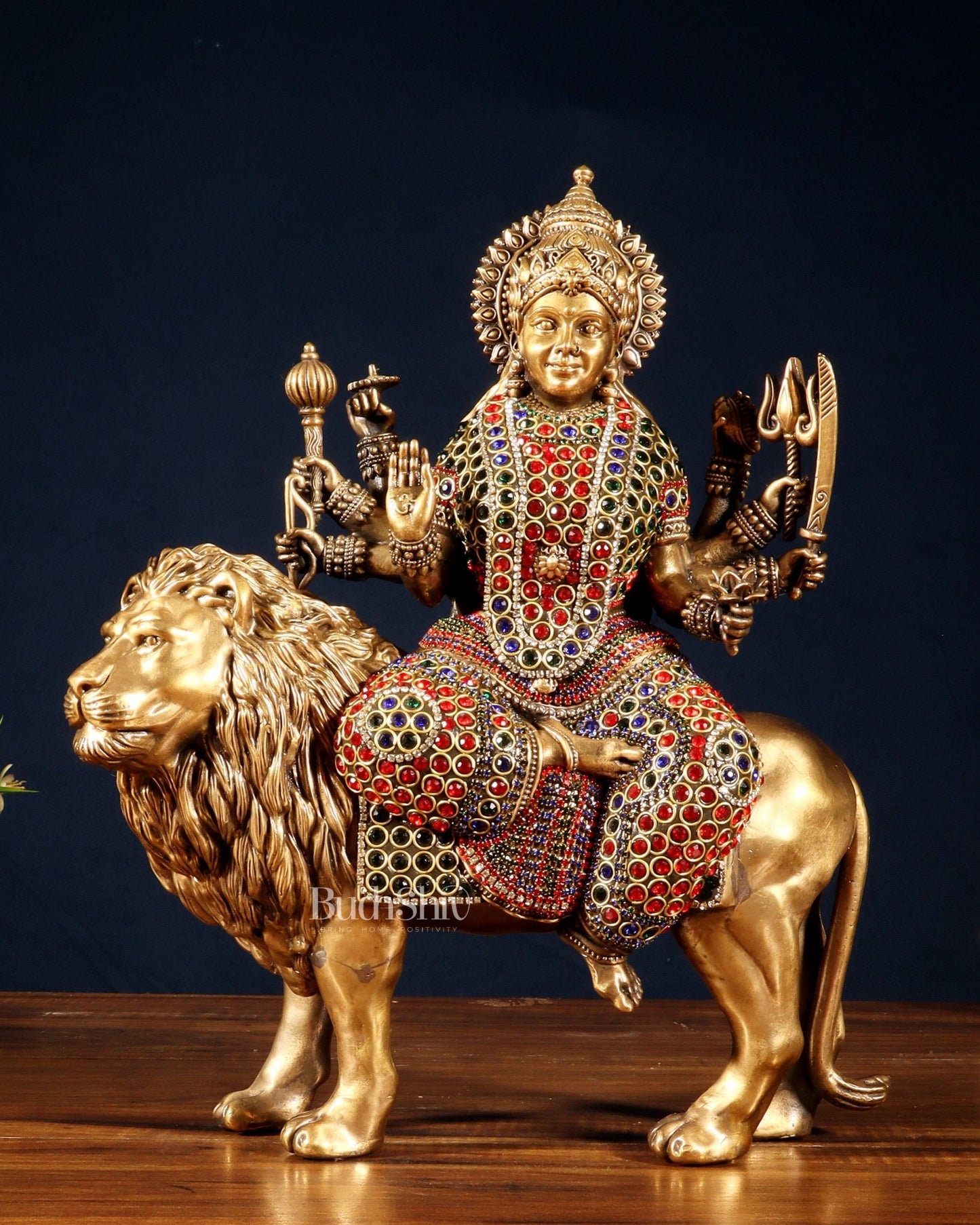 Superfine Brass Goddess Durga Sherawali Mata Idol 12" with jewellers meenakari - Budhshiv.com