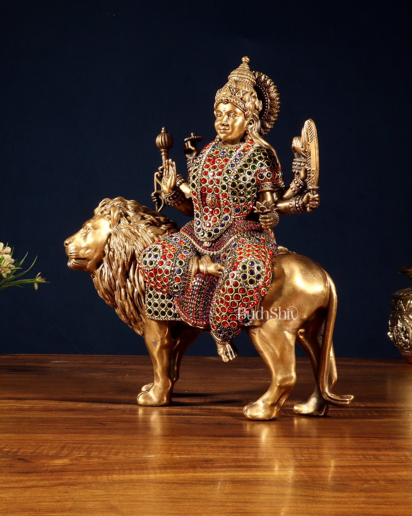 Superfine Brass Goddess Durga Sherawali Mata Idol 12" with jewellers meenakari - Budhshiv.com