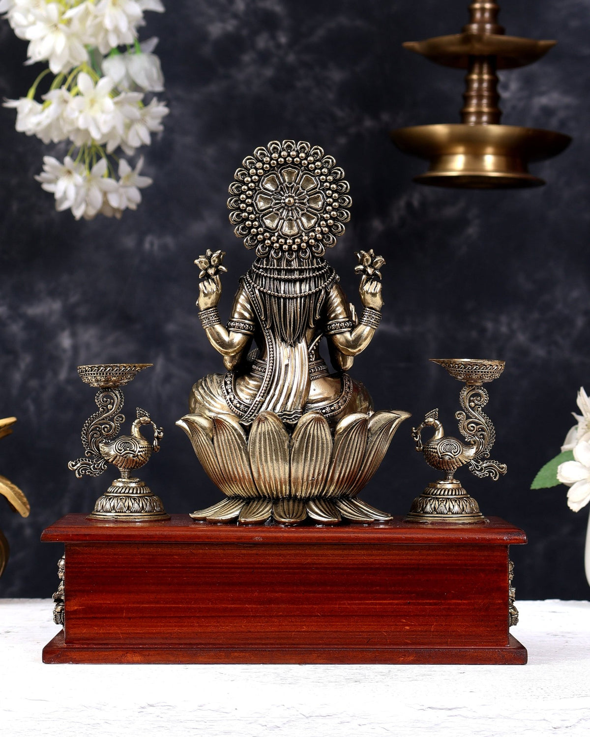 Superfine Brass Goddess Gajalakshmi with Ashtalakshmi Motifs on Wooden Base 11 inch - Budhshiv.com