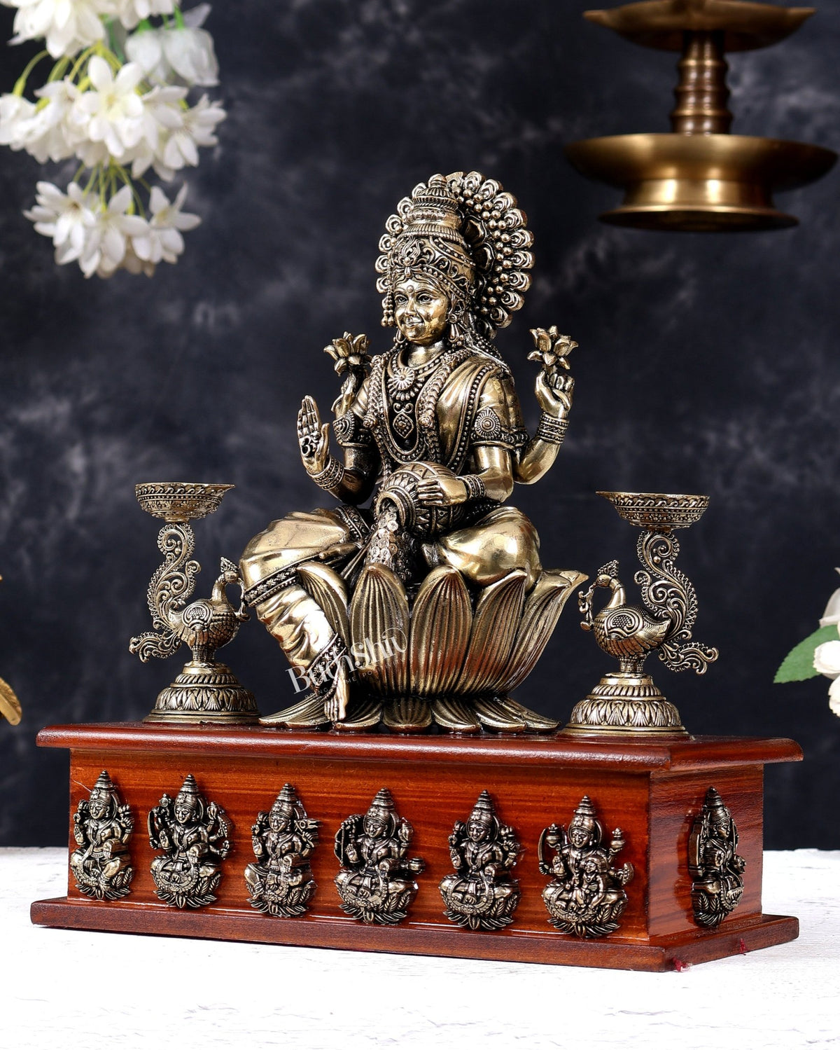 Superfine Brass Goddess Gajalakshmi with Ashtalakshmi Motifs on Wooden Base 11 inch - Budhshiv.com
