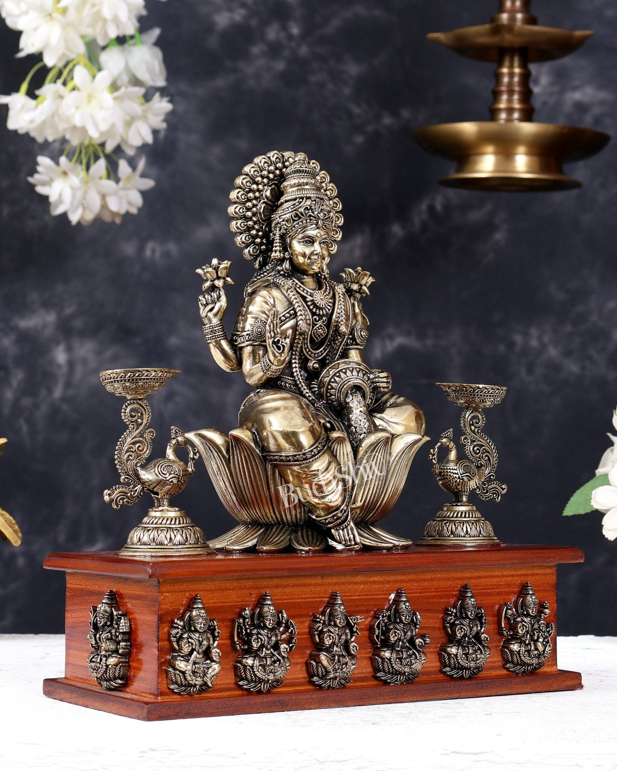 Superfine Brass Goddess Gajalakshmi with Ashtalakshmi Motifs on Wooden Base 11 inch - Budhshiv.com