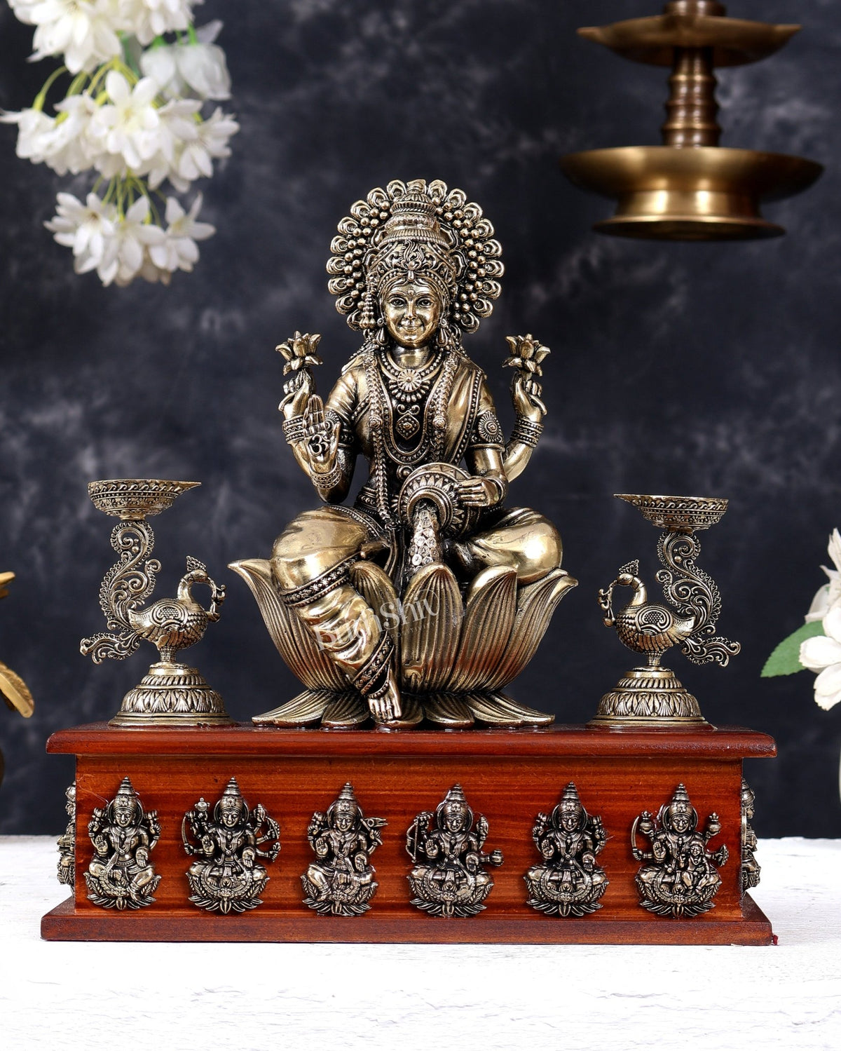 Superfine Brass Goddess Gajalakshmi with Ashtalakshmi Motifs on Wooden Base 11 inch - Budhshiv.com