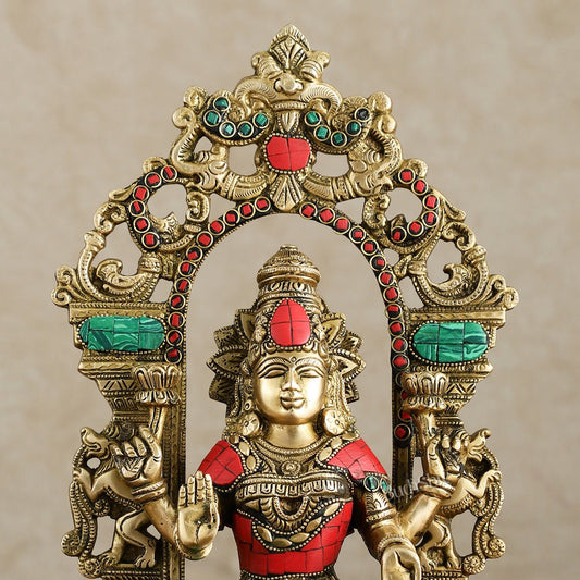 Superfine Brass Goddess Lakshmi Idol with arch Meenakari Stonework - 12 inch - Budhshiv.com