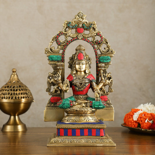 Superfine Brass Goddess Lakshmi Idol with arch Meenakari Stonework - 12 inch - Budhshiv.com