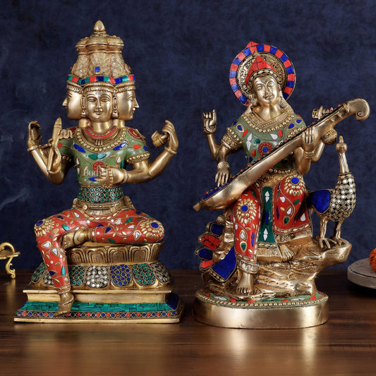 Superfine Brass Goddess Saraswati & Lord Brahma Pair | Divine Seated Sculptures - Budhshiv.com