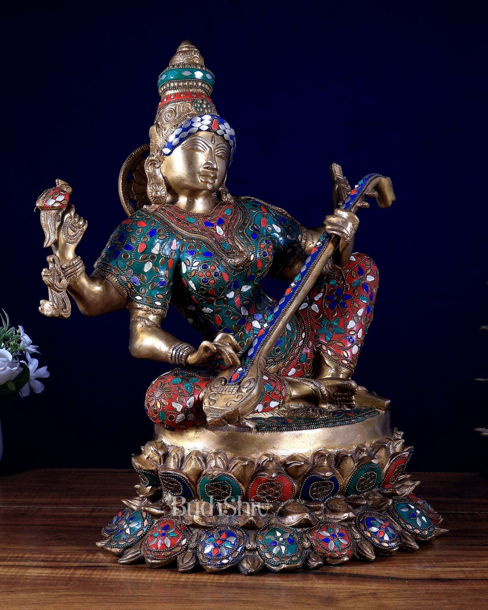 Superfine Brass Goddess Saraswati Murti - 18" meenakari - Budhshiv.com