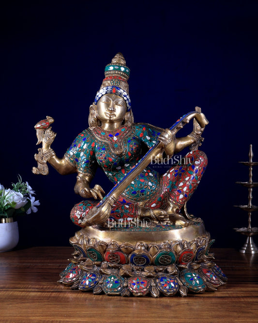 Superfine Brass Goddess Saraswati Murti - 18" meenakari - Budhshiv.com