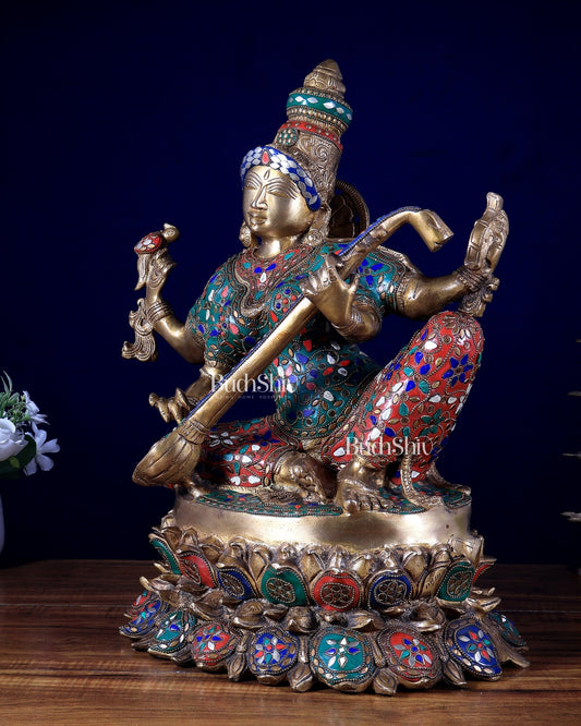 Superfine Brass Goddess Saraswati Murti - 18" meenakari - Budhshiv.com