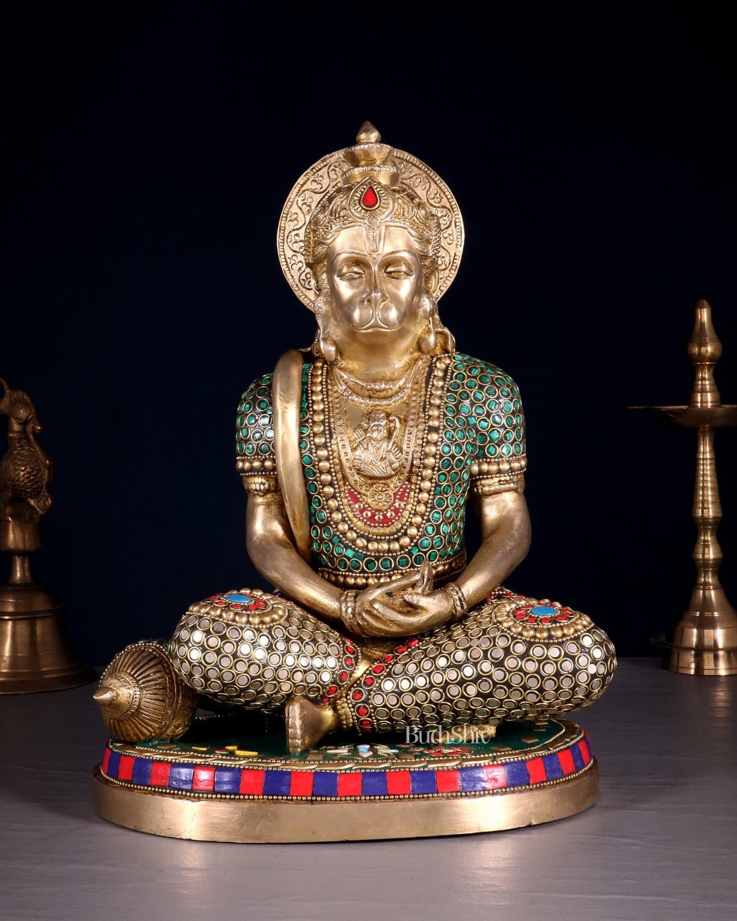 Superfine Brass Hanuman in Meditation Statue - 12.5 Inch stonework - Budhshiv.com