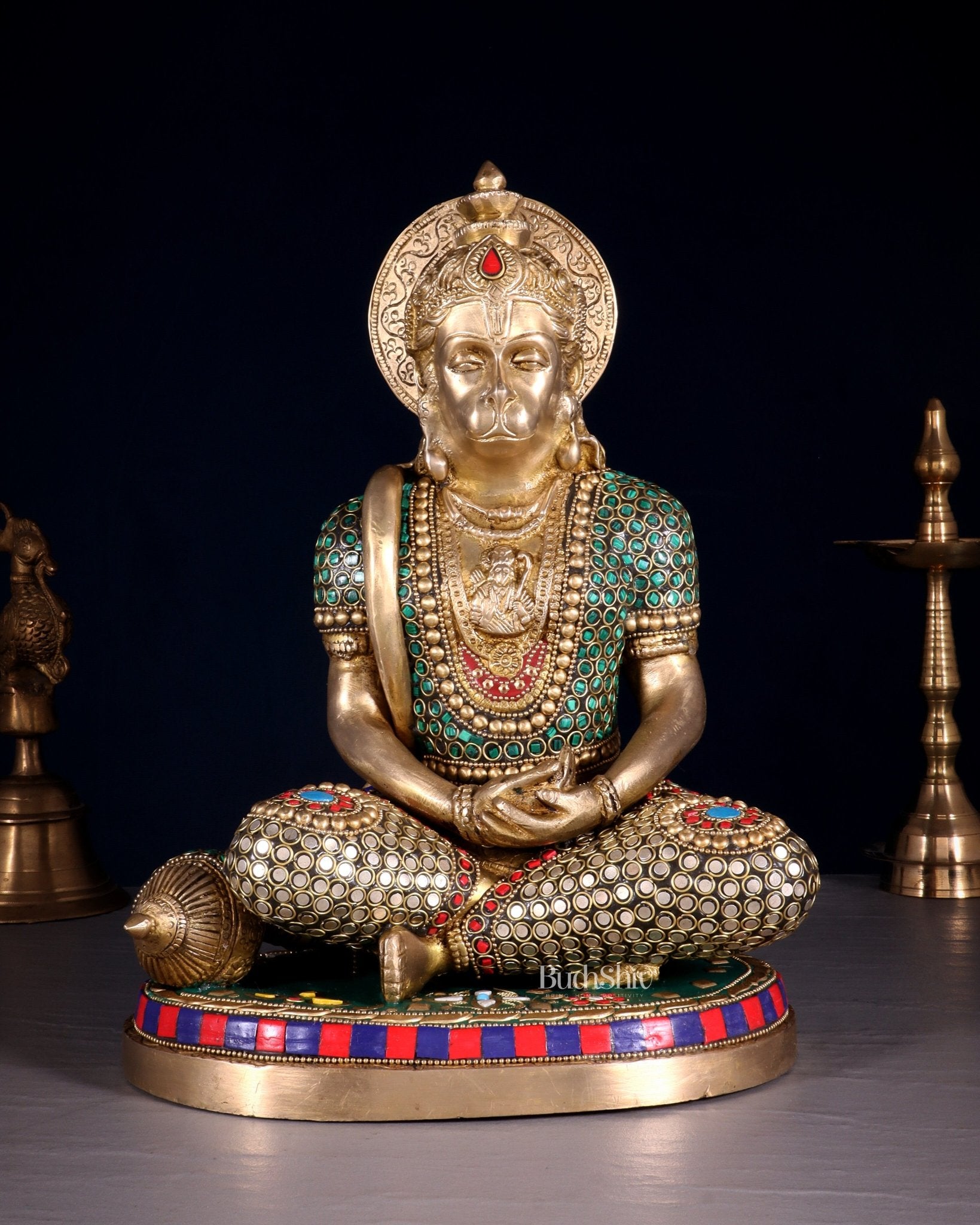 Superfine Brass Hanuman in Meditation Statue - 12.5 Inch stonework - Budhshiv.com