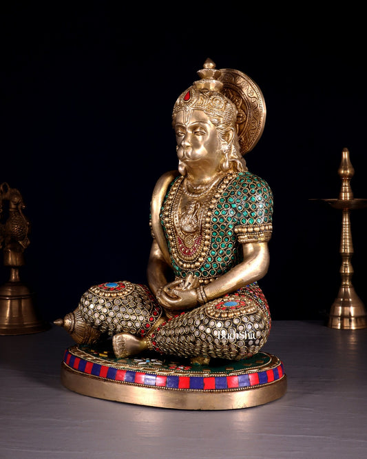 Superfine Brass Hanuman in Meditation Statue - 12.5 Inch stonework - Budhshiv.com