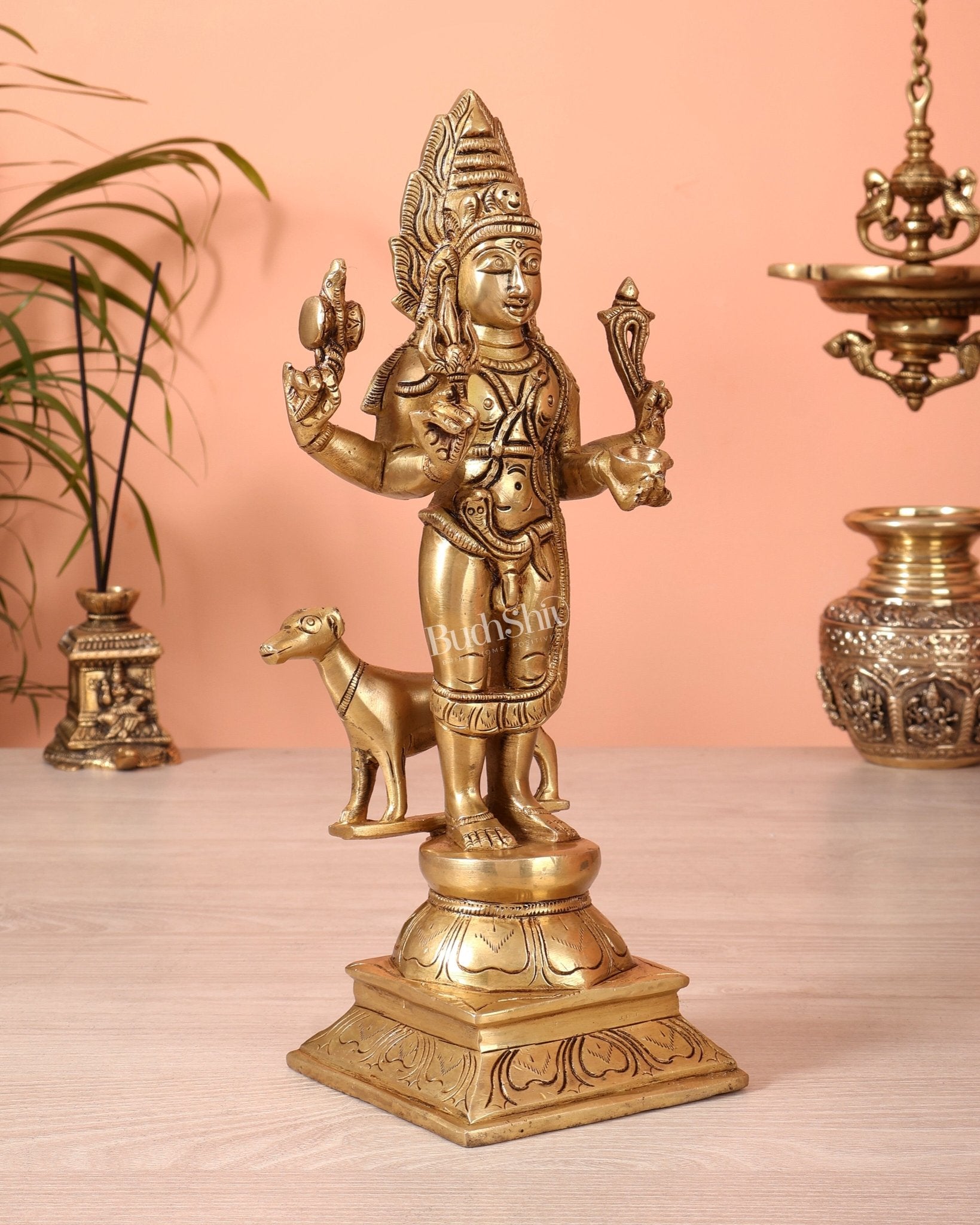 Superfine Brass Kaal Bhairava Bhairo Baba Idol with Dog 12 inch - Budhshiv.com