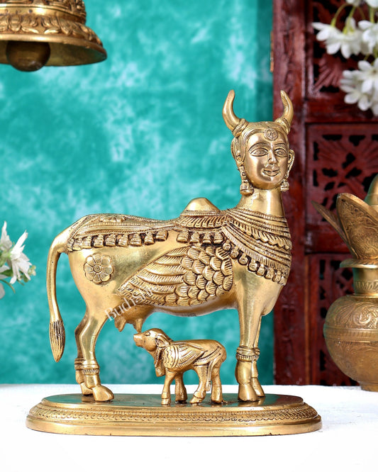 Superfine Brass Kamadhenu Cow and Calf with wings and goddess face Idol 8.5 inch enhanced - Budhshiv.com