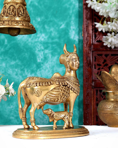 Superfine Brass Kamadhenu Cow and Calf with wings and goddess face Idol 8.5 inch enhanced - Budhshiv.com