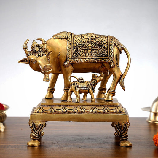 Superfine Brass Kamdhenu Cow with Calf Idol | Divine Beauty | 8" - Budhshiv.com
