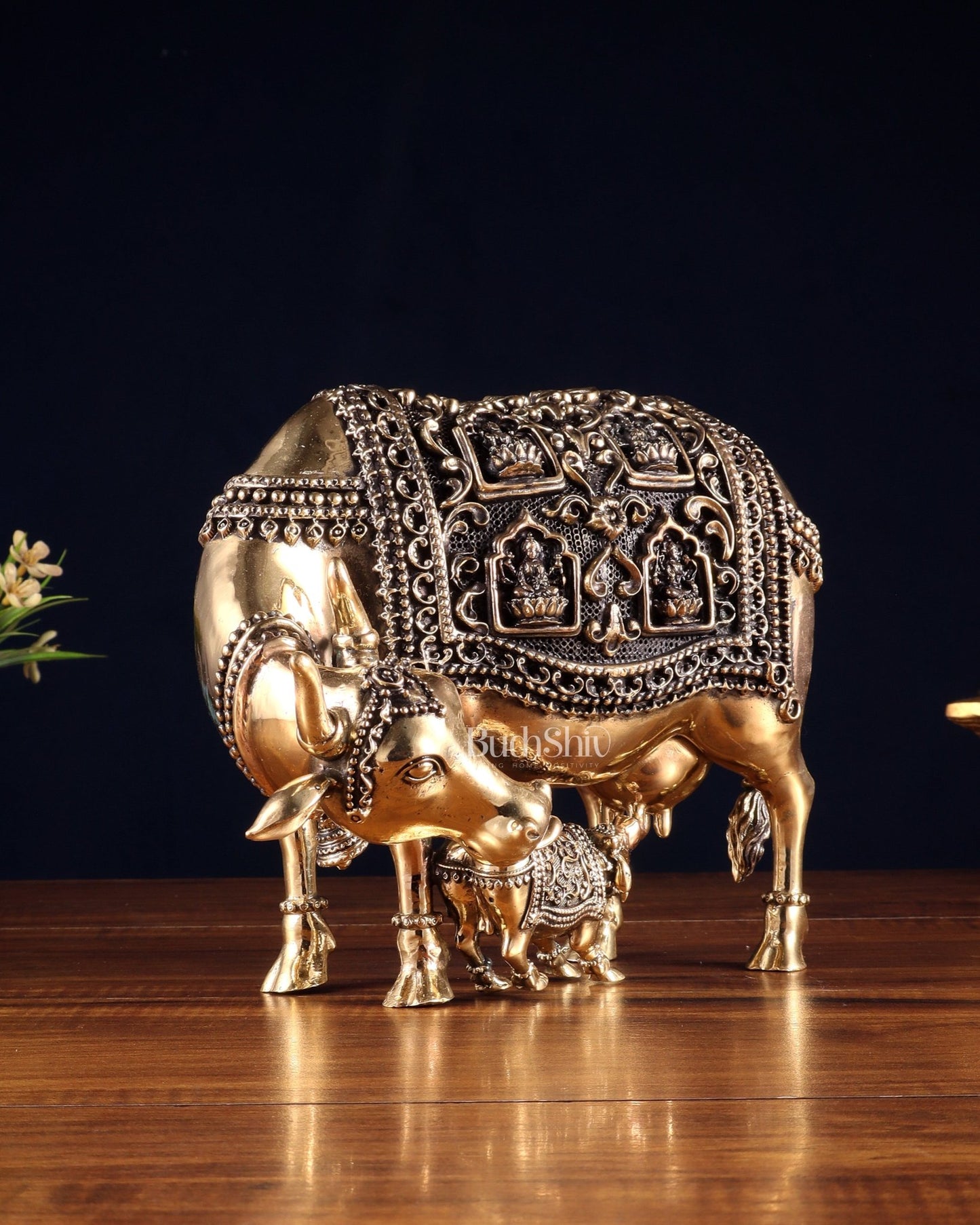 Superfine Brass Kamdhenu Cow with Calf – With Ashtalakshmi Engravings 9" - Budhshiv.com