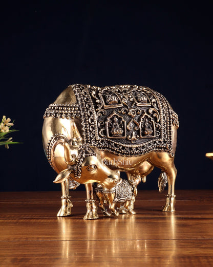 Superfine Brass Kamdhenu Cow with Calf – With Ashtalakshmi Engravings 9" - Budhshiv.com