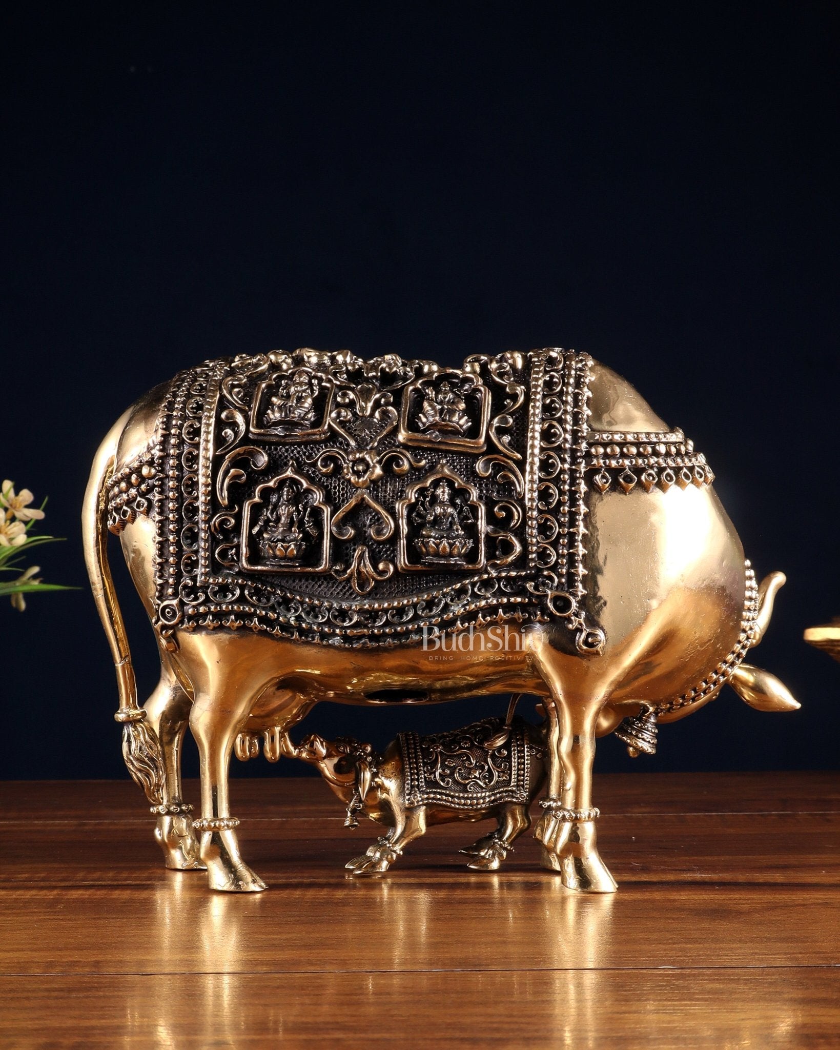 Superfine Brass Kamdhenu Cow with Calf – With Ashtalakshmi Engravings 9" - Budhshiv.com
