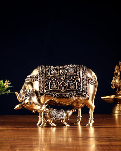 Superfine Brass Kamdhenu Cow with Calf – With Ashtalakshmi Engravings 9" - Budhshiv.com